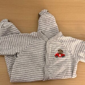 Striped Gray Baby Onesie with Car Design